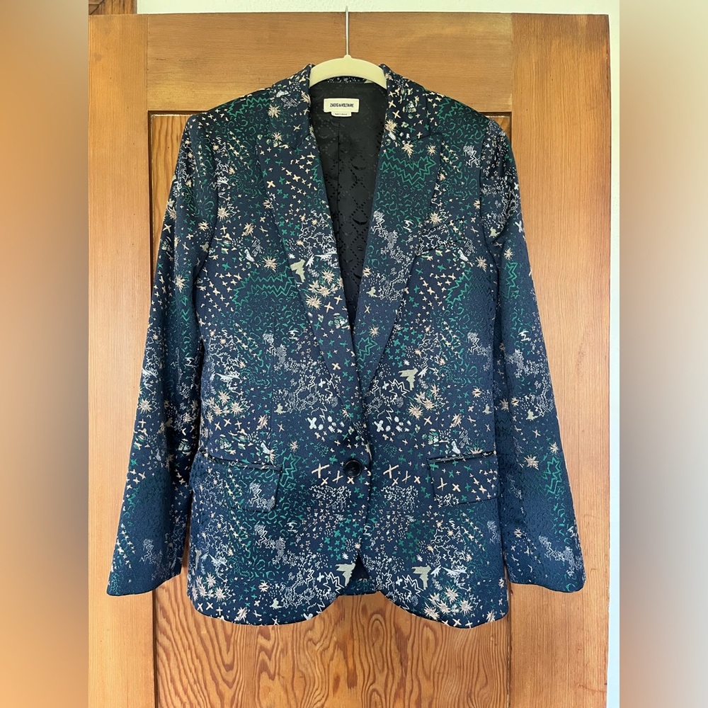 ZADIG & VOLTAIRE Viking Jac Glam Navy Jacquard Blazer - Picture 10 of 13